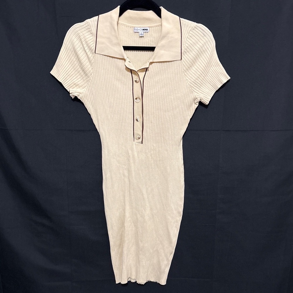 Fashion Nova L Cream Ribbed Polo Bodycon Dress Short Sleeve Academia Office - Picture 6 of 10